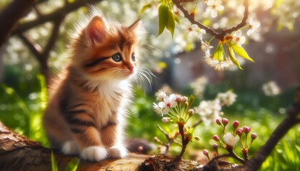 portrait of cute a kitten sits in a may garden under flowering cherry branches and sniffs buds on a Sunny day
