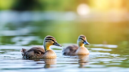 Two ducklings swimming gracefully in a serene pond surrounded by lush greenery and soft sunlight : Generative AI
