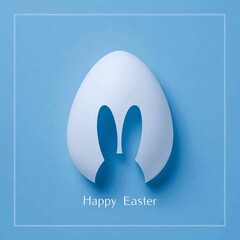 Paper egg with bunny ears on a blue background: a minimalist Easter greeting card.