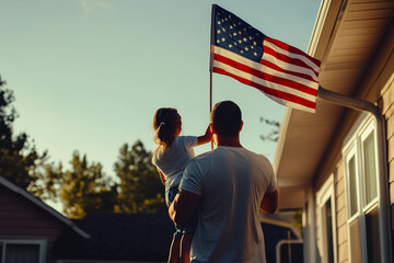A touching image of a father holding his daughter with their backs turned, American flag in hand, symbolizing family and patriotism, perfect for themes of unity and national holidays.