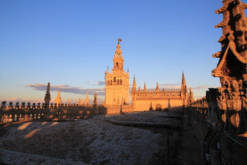 Fototapeta premium La Giralda, a former minaret of the great mosque of Seville (Spain), later converted to a bell tower for the Cathedral.