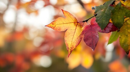 Obraz premium Close up of colorful autumn leaves showcasing vibrant yellow and red hues in soft natural light : Generative AI