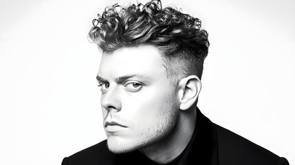 Obraz premium Dramatic and High Fashion Editorial Portrait of a Male Model with Defined Curly Hair Sharp Jawline and Intense Gaze Ideal for Magazine Covers and Luxury Branding