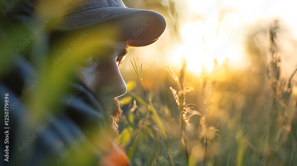 Poster a contemplative moment captured in golden hues with a man surrounded by nature at sunset : generativ