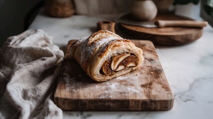 Rustic dessert with fig and pastry on a wooden cutting board for culinary inspiration