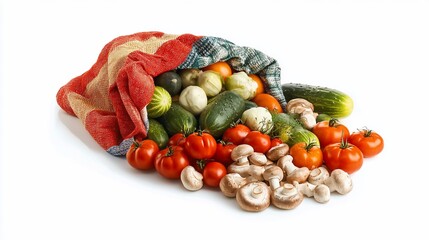 Fresh Harvest Vegetables Overflowing from Rustic Cloth on White Background