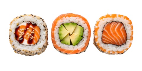 Salmon Maki Sushi Roll on White, Tasty Sushi Roll, Fresh Salmon with Rice, PNG Transparent