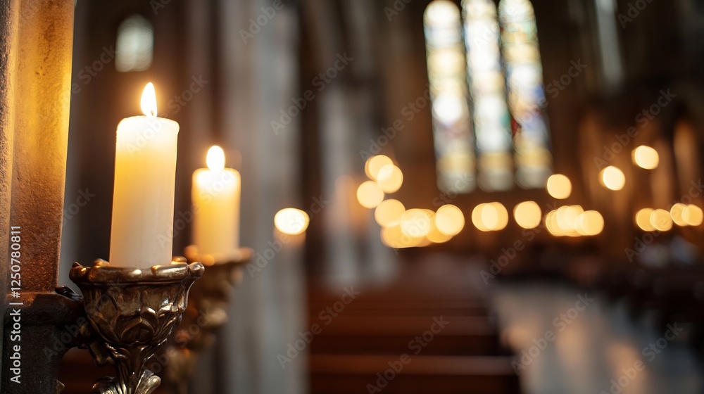 Poster lit candles inside an ancient cathedral glowing warmly against a backdrop of stained glass windows :