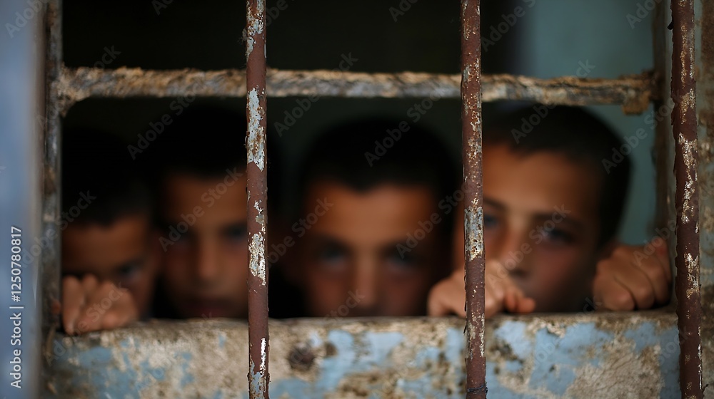 Poster Children Peering Through Rusty Bars in a Dimly Lit Environment Captured in a Candid Moment : Generative AI
