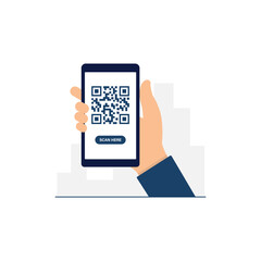 Hand Holding Phone with Qr Code Vector Illustration. Qr Code Scan Here Concept Design