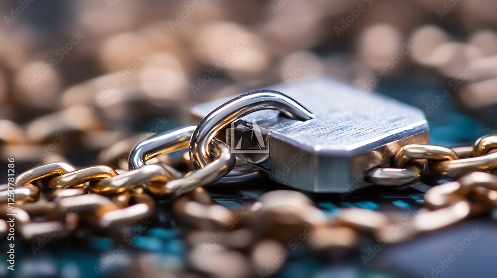 Poster Macro Shot of a Metallic Lock on a Chain with a Blurred Background : Generative AI