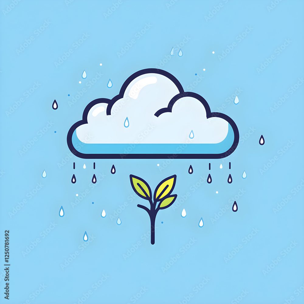 Poster linear icon with cloud with rain and a small sprout