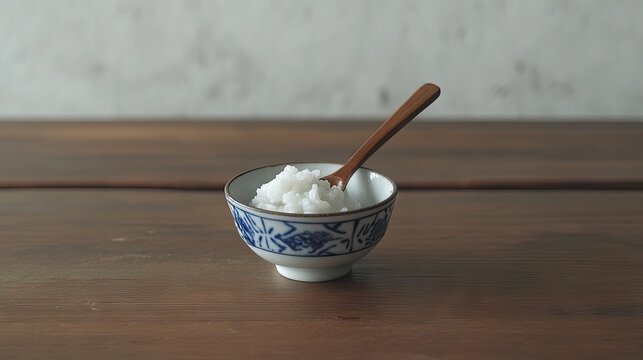 A close-up of a small bowl containing a tablespoon of rice porridge.