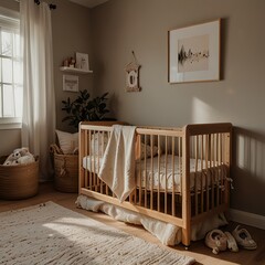 A nursery room with soft lighting, a crib, and cozy baby blankets.