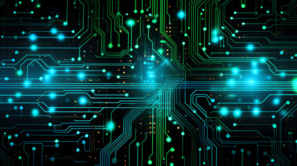 A captivating abstract pattern of glowing circuit board lines and digital lights. This image represents innovation and technology, perfect for futuristic design projects.