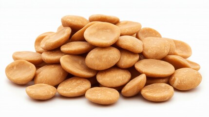 Smooth Round Caramel Candies Piled on White Background