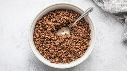 A dish of blended lentils with a small spoon dipped inside.