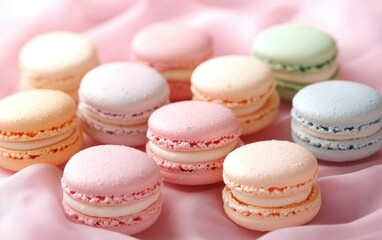 Delicate French macarons in pastel colors placed neatly on a soft pastel pink background