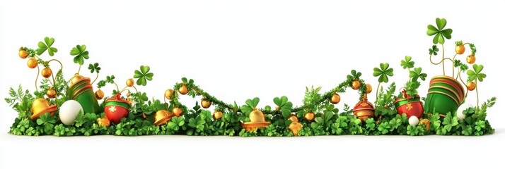 Fototapeta premium festive Saint Patricks Day banner featuring a mix of green, gold, and rainbow-themed decorations, isolated on white