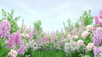 Fototapeta premium Serene Floral Landscape with Pink and White Blooms Under Clear Sky