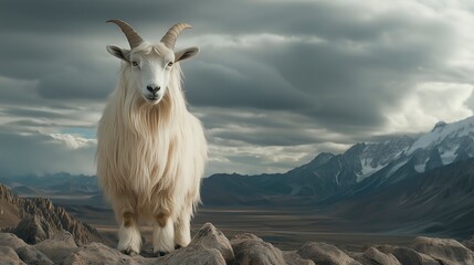 Fototapeta premium White goat standing on rocky terrain with mountainous backdrop, copy space for text, wildlife animal photograph