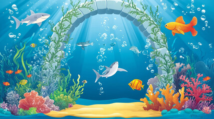 Cartoon underwater landscape with rock arch and seaweeds. Vector background with sea plants, corals reef and animals. Shark, turtle and fish shoal silhouettes in ocean. Water aquatic tropical life