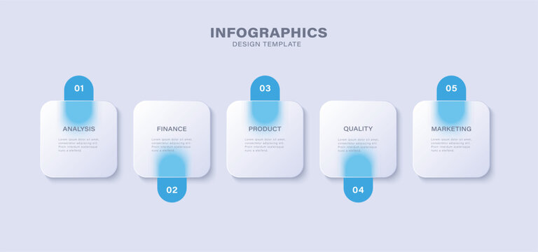 Business timeline chart template with 5 steps. Glass morphism effect.