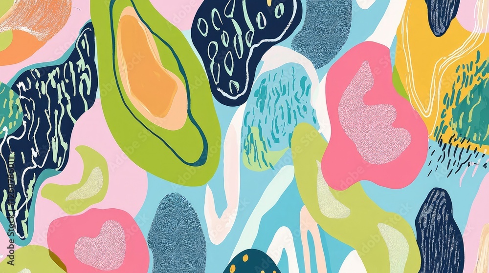 Poster abstract colorful shapes and patterns on light blue background