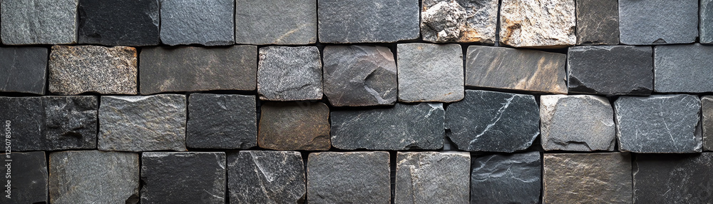 Poster a captivating image of a textured stone wall showcasing various shades of grey slate, ideal for desi