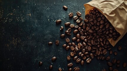 Obraz premium Enticing Decaf: Roasted Arabica Coffee Beans Spilled from Bag, Aromatic Morning Beverage with Rich Brown Background