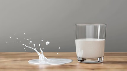A minimalist setup showing a spilled glass of milk on a wooden surface.