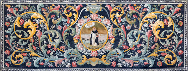 PERUGIA, ITALY - MAY 15, 2024: The stone baroque mosaic (pietra dura) with the St. Dominic in the church Chiesa di San Domenico