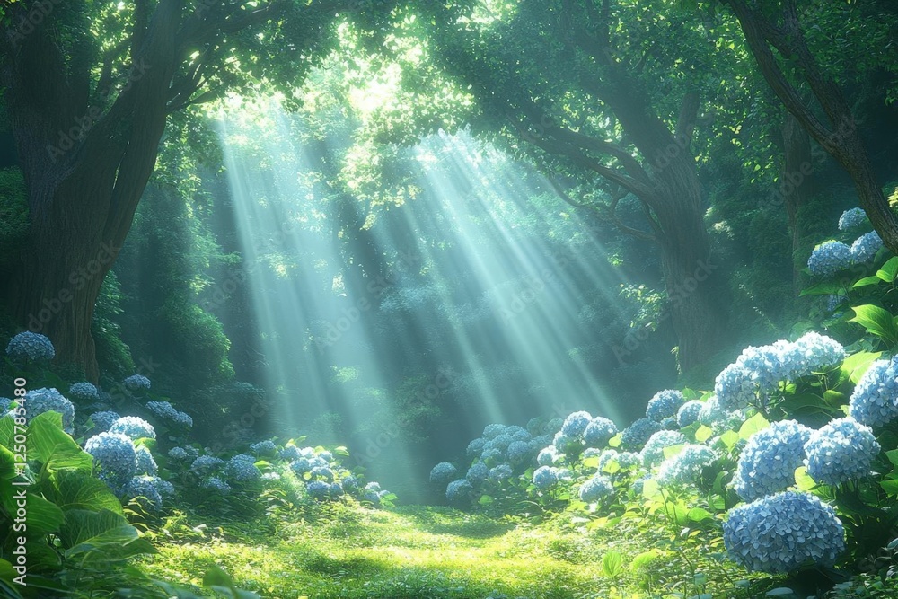 Poster sunlight streams through forest trees on meadow with hydrangeas