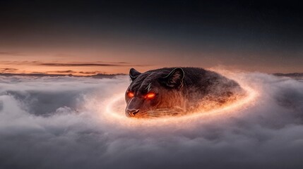Obraz premium Dark Metallic Panther like Creature Above Clouds At Sunset