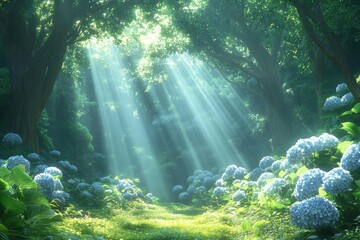 Obraz premium Sunlight Streams Through Forest Trees On Meadow With Hydrangeas
