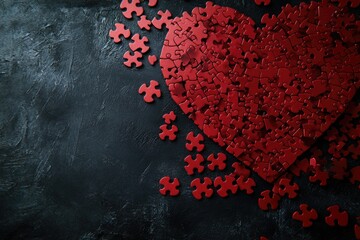 Red Heart Puzzle on Dark Backdrop: Symbol of Love's Complexity for Valentine's Day with Space for Personal Message