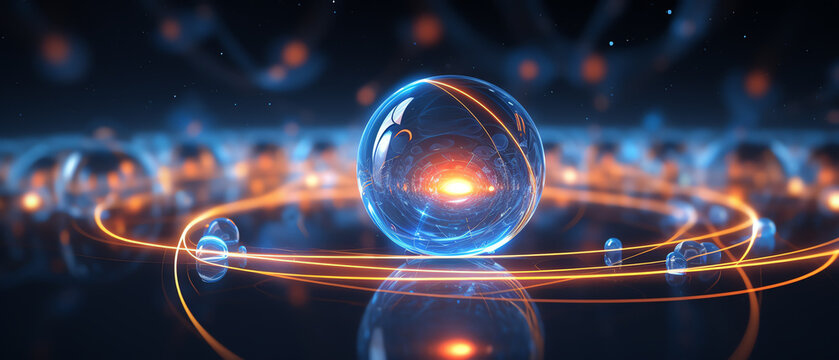 A captivating visual representation of atomic particles illuminated by glowing orbs, showcasing the dynamic interactions within a vibrant energy field.