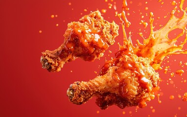 flying crispy fried chicken with splashes of smoky chipotle sauce on a pastel red background