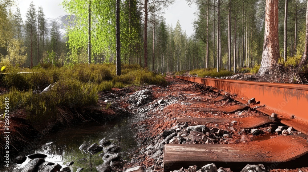 Poster a serene forest scene with overgrown railway tracks and a flowing stream.