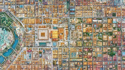 Obraz premium Aerial View of Historical City Layout with Colorful Buildings and Parks