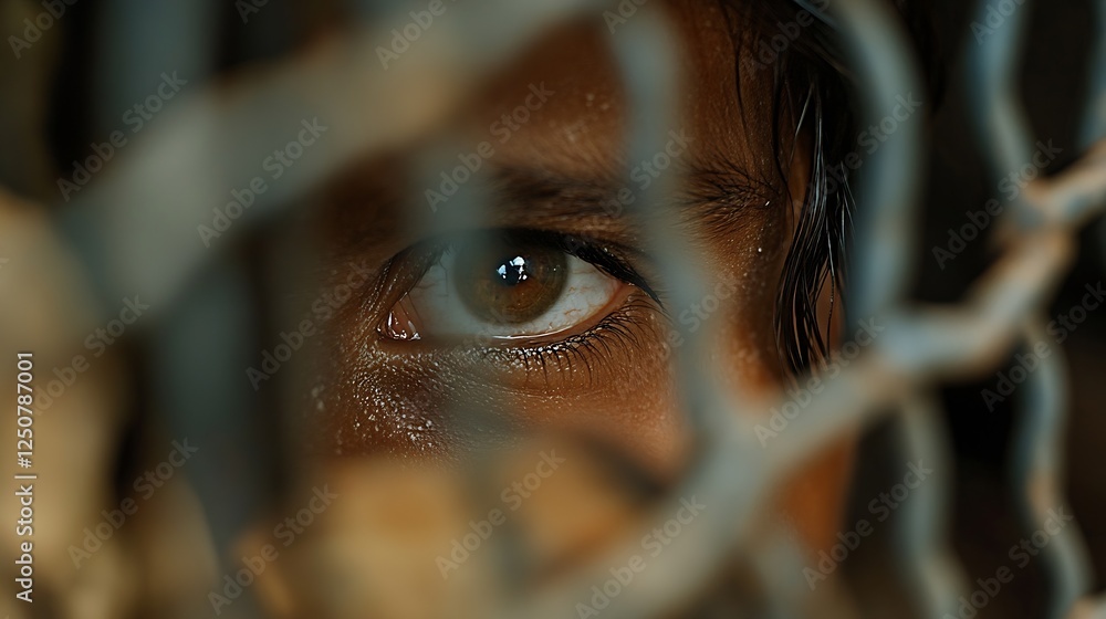 Poster close up of a young boy's eye captured through a fence in a dramatic setting : generative ai