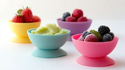 A set of colorful baby bowls, each containing a mashed fruit portion.