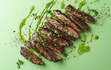 flying tender skirt steak with splashes of vibrant cilantro lime sauce on a pastel green background