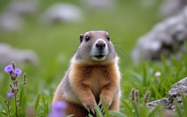 Obraz premium Curious Marmot Standing in a Lush Green Meadow – Wildlife Photography