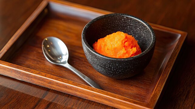 A small bowl with a single tablespoon of mashed carrots on a wooden tray.