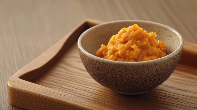 A small bowl with a single tablespoon of mashed carrots on a wooden tray.