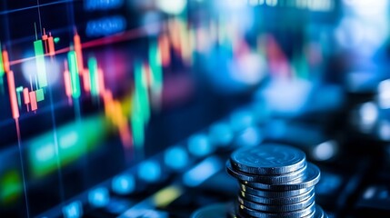 Financial market analysis with coins and graph showcasing stock performance and trends : Generative AI