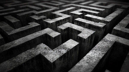 A close-up view of a complex maze constructed from concrete, highlighting the intricate pathways and walls, evoking feelings of challenge and exploration.