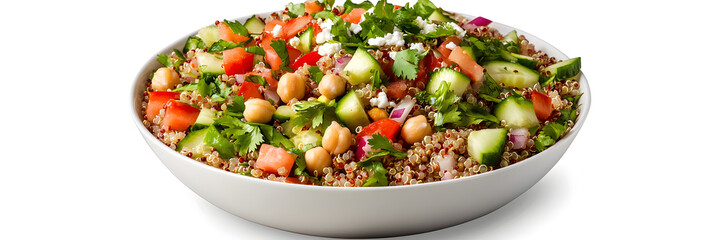 Vibrant Quinoa Salad with Fresh Vegetables, Chickpeas, Avocado, and Feta Cheese in a Large White Bowl - A Wholesome and Colorful Meal