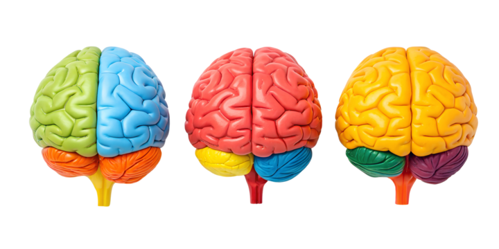 Colorful 3D Human Brain Model, Vibrant Brain Anatomy, Detailed Neurostructure, PNG Transparent